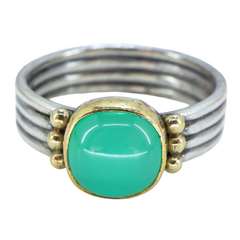 VTG Artisan Unmarked Tested Silver Green Cab Stacking Band Ring Modernist